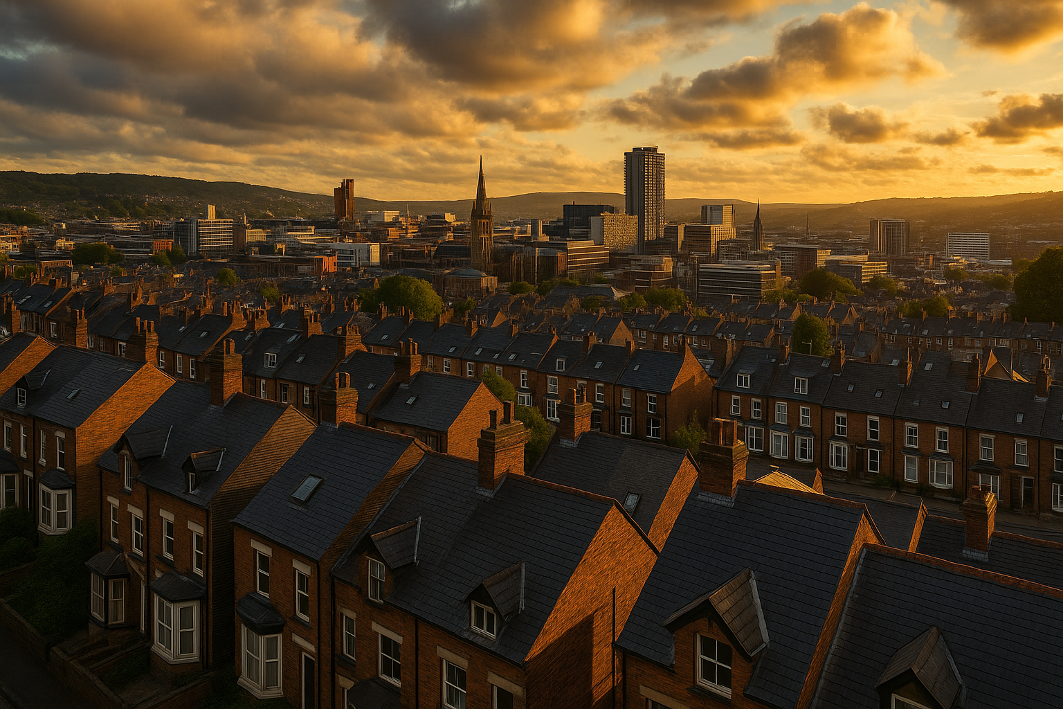 Aerial view of Sheffield rooftops at golden hour