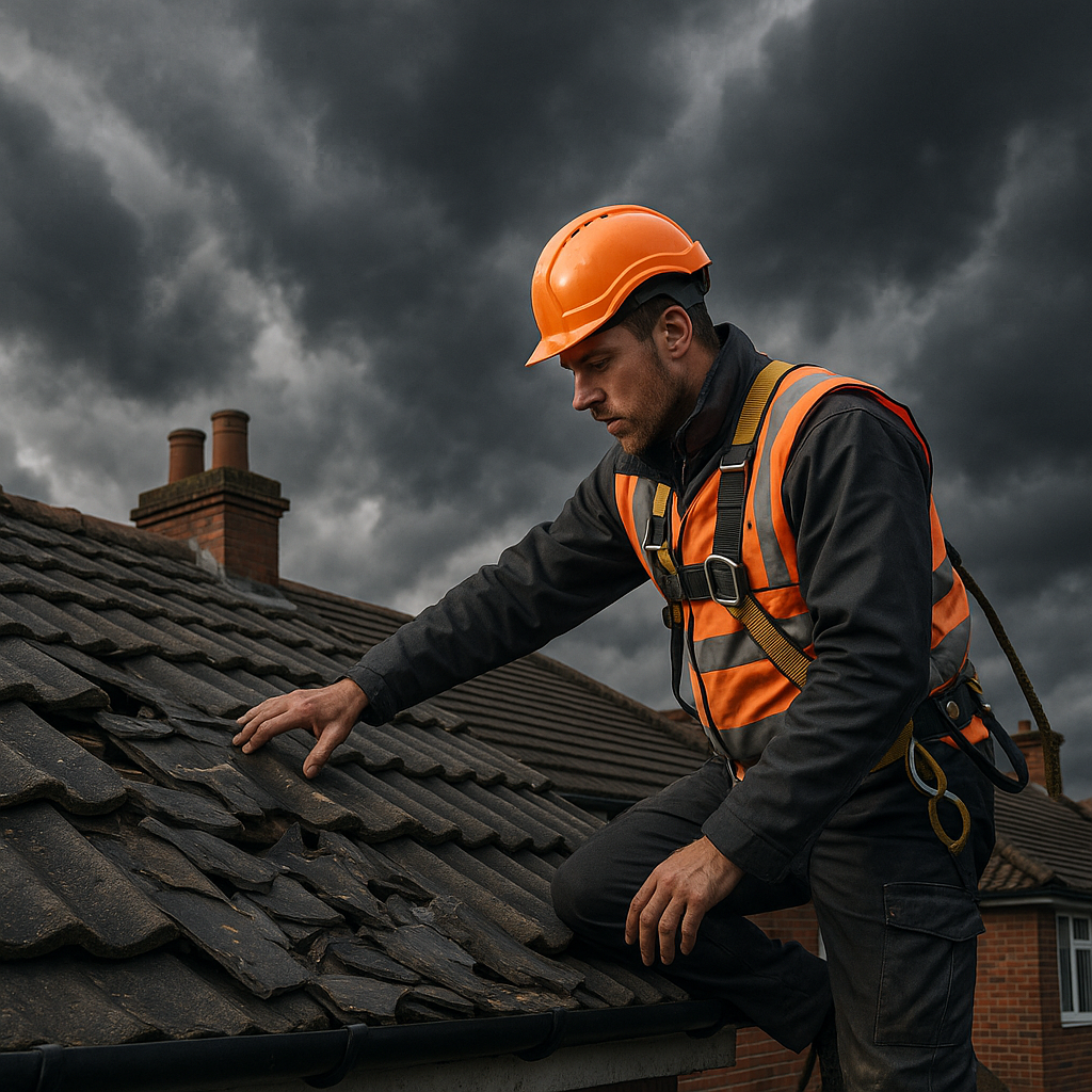 Roofer assessing storm damage on a roof