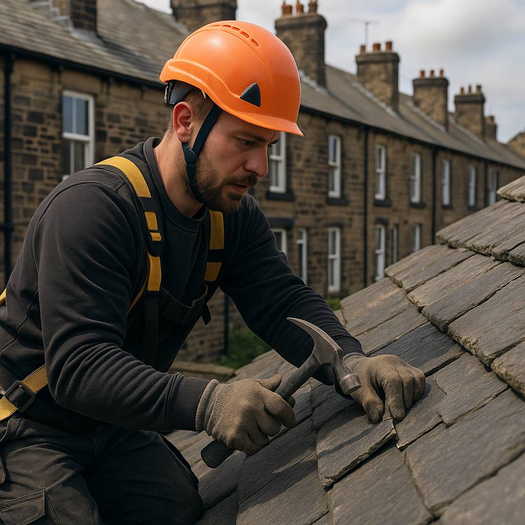 Roofer repairing a slate roof
